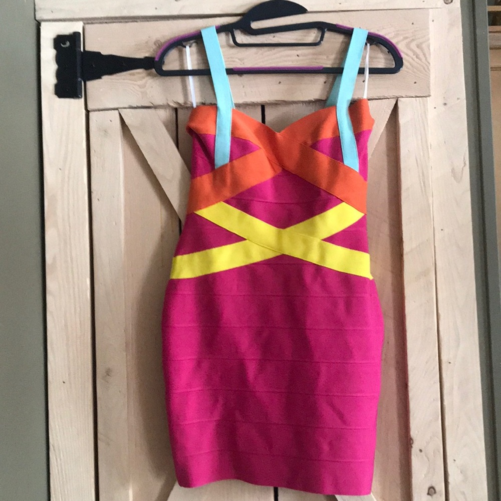Pink,  orange, yellow and blue bondage dress